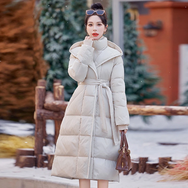 高级感长款羽绒服女冬季2025新款气质收腰修身过膝保暖白鸭绒外套