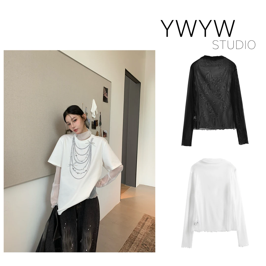 【YWYW25F/W】堆堆半领镂空网纱长袖打底内搭上衣5371