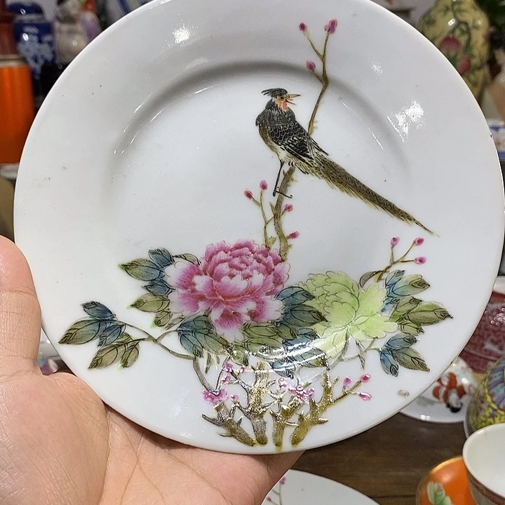 瓷片17.8公分手绘花鸟盘子