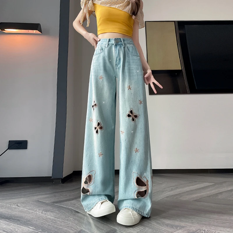 重工蝴蝶刺绣烫钻牛仔裤新款女2026爆款薄款高腰宽松显瘦阔腿裤
