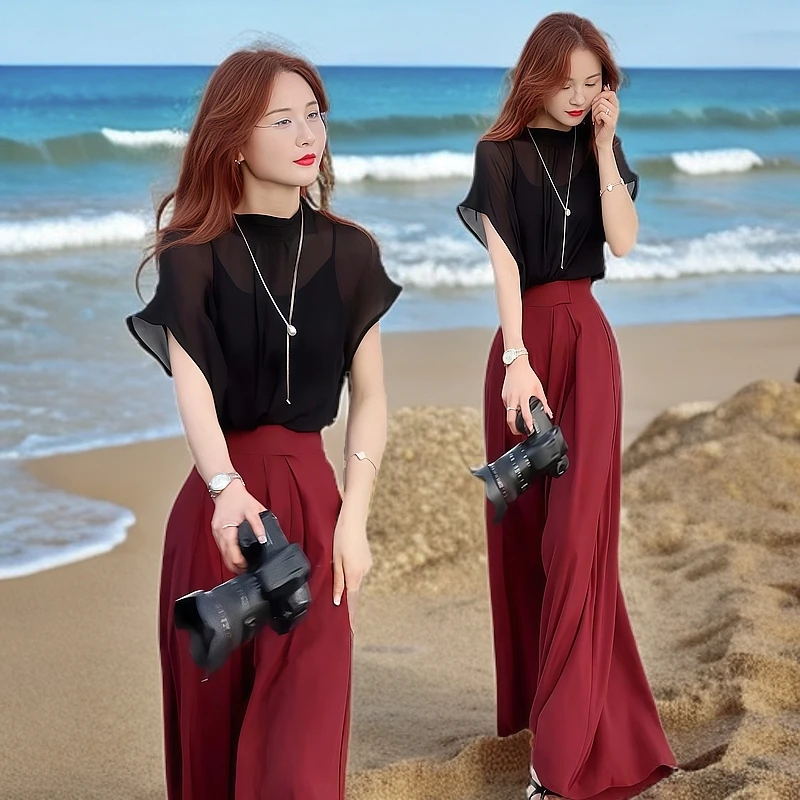 今年流行气质遮肉套装高级感轻奢女人味时尚雪纺上衣阔腿裤套装女