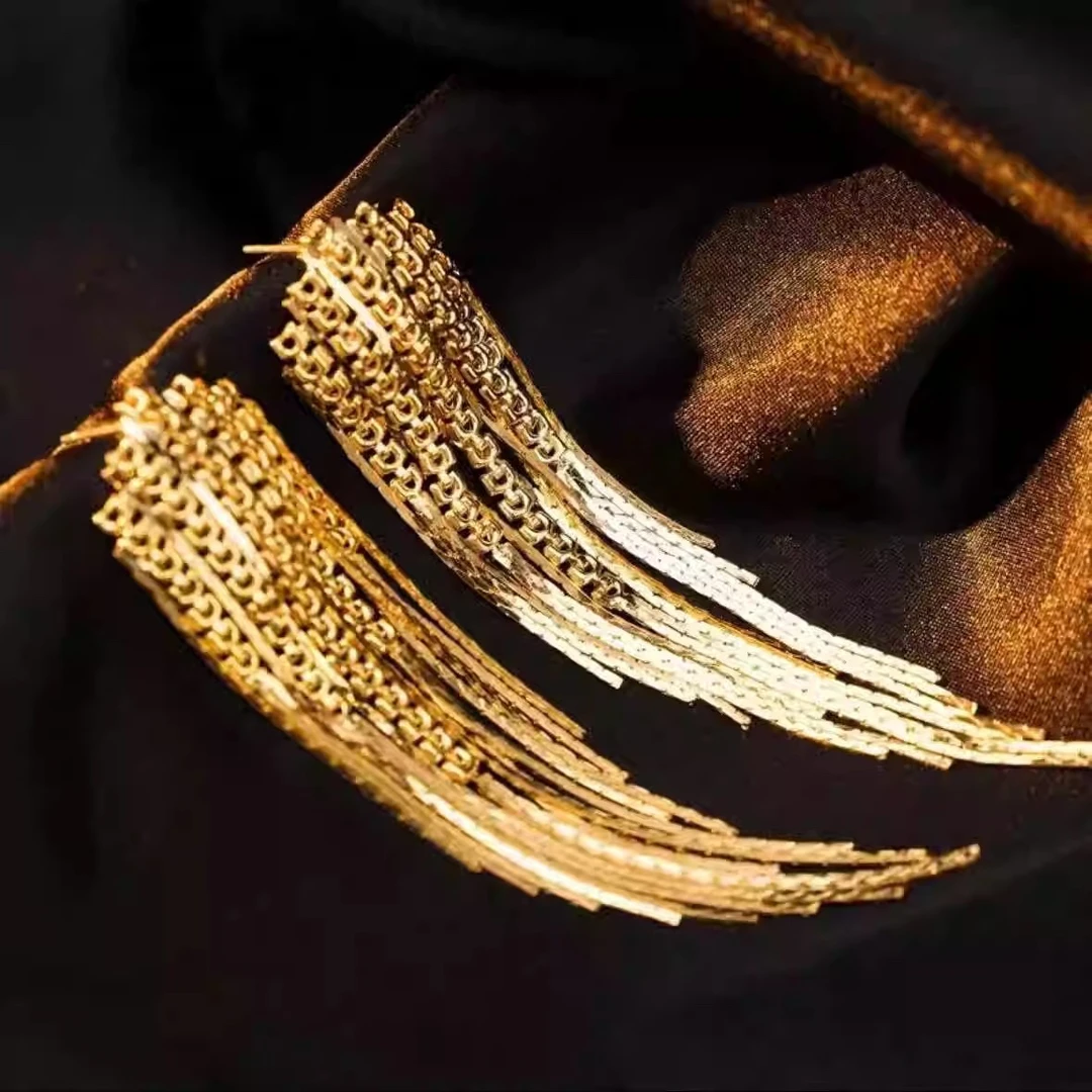 合金耳饰 【古米】1/09 轻奢气质滚滚红尘小众时尚长款流苏金色耳环