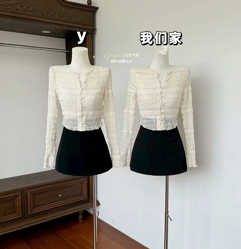 韩系重工蕾丝衫亮片喇叭袖长袖开衫女春秋新款小众镂空气质衬衫