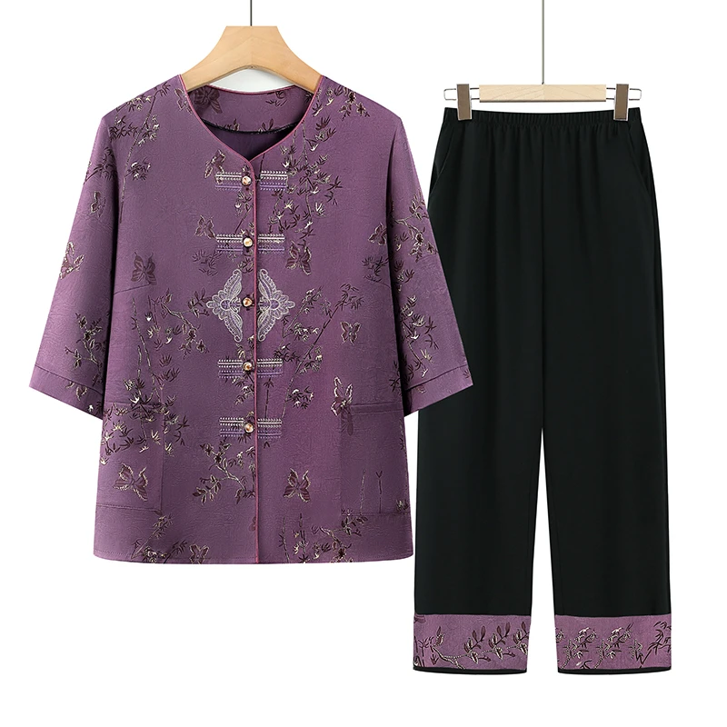 奶奶夏装套装新款老年人女装中式衬衫五分袖上衣服妈妈装夏季开衫