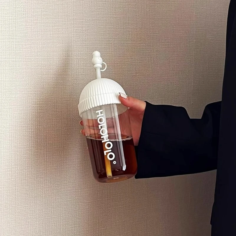holoholo帽帽吸管玻璃杯带盖办公桌面杯可爱奶茶咖啡大容量水杯子