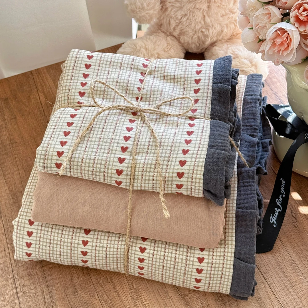 小玲子 爱心摩卡 全棉双层纱三件套四件套 花边印染工艺 小清新风