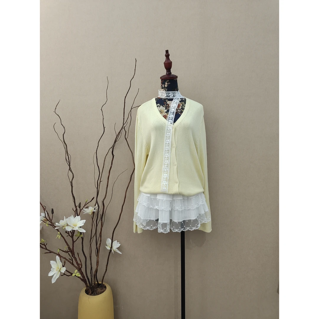 米雪严选一韩版温柔v领针织开衫女挂脖修身休闲显瘦毛衣戴丝带