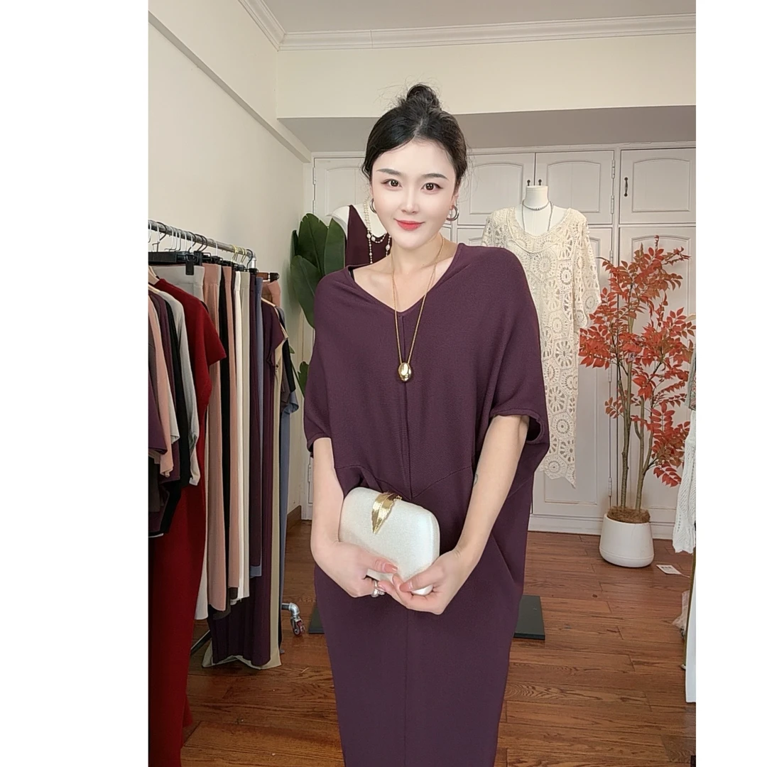 【与众不同】长裙宽松V领套头春夏连衣裙纯色轻职风法式#19620