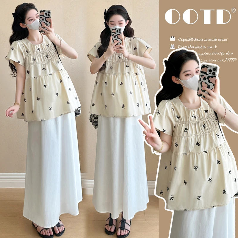 【丽丽家】洋气夏季新款韩版时尚重工刺绣上衣+孕妇调节半身裙套装