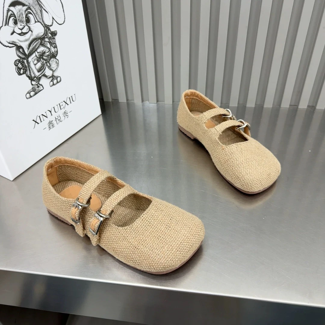 麻布方头浅口玛丽珍女鞋2025夏季新款复古单鞋女奶奶鞋亚麻懒人鞋