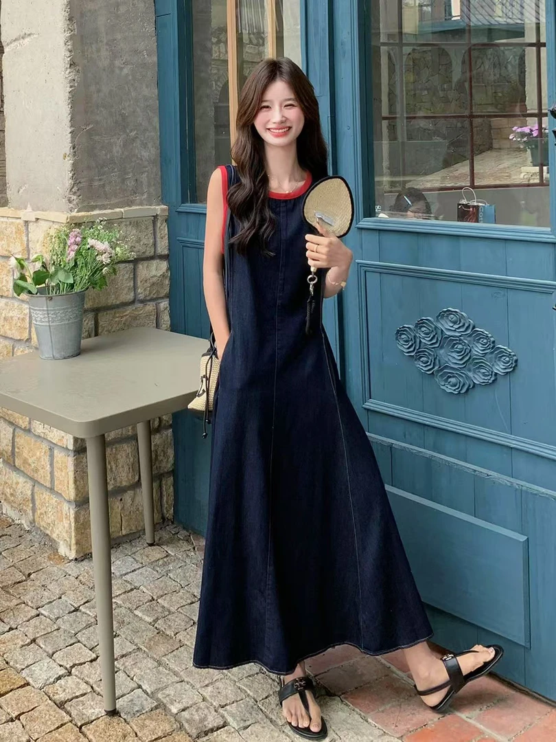 【肉总】撞色无袖牛仔高级感收腰显瘦连衣裙12783