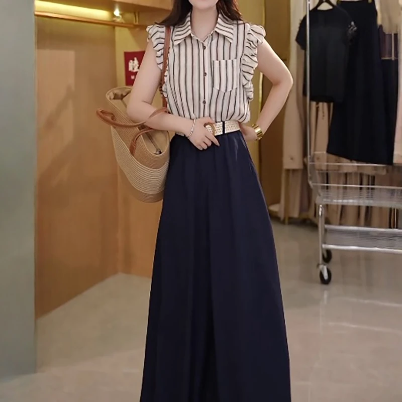甜美气质条纹套装女2025夏季新款显瘦小飞袖衬衫高腰阔腿裤两件套