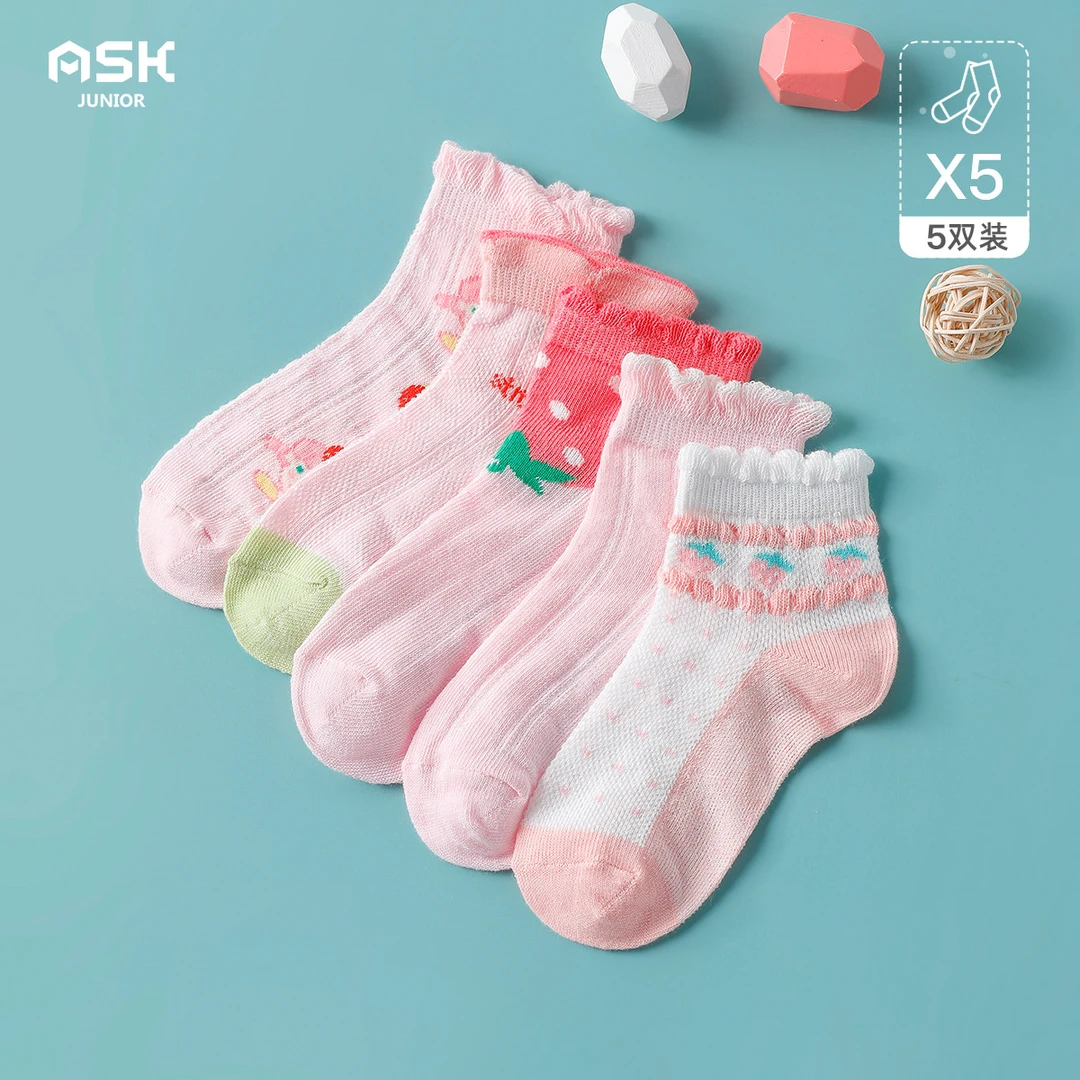 【5双装】女童中筒袜子夏季网眼透气公主花边宝宝袜时尚儿童袜子