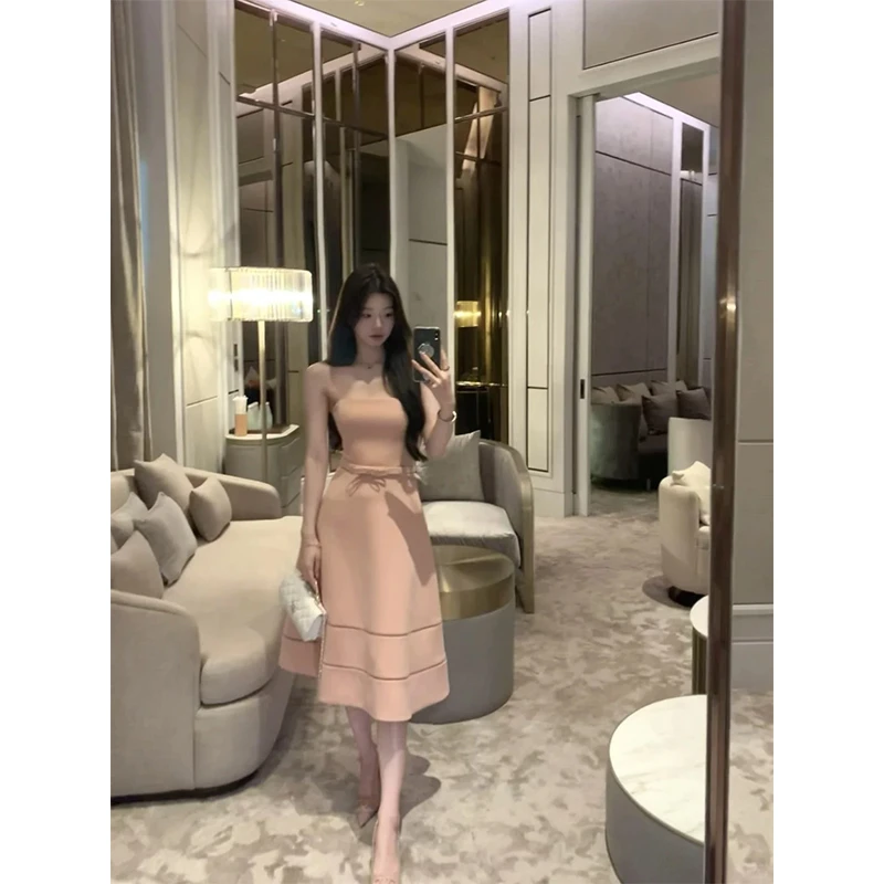 2025夏季新款纯欲蝴蝶结抹胸连衣裙设计感修身中长款气质收腰裙子