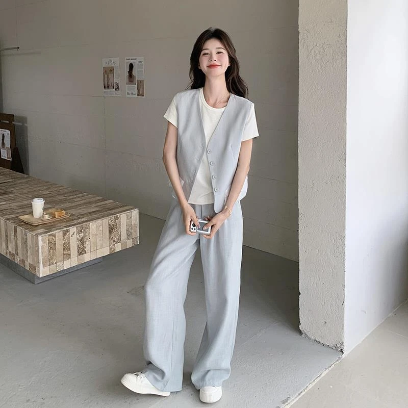 韩系简约气质蕾丝拼接马甲套装女2025年夏季新款T恤阔腿裤三件套