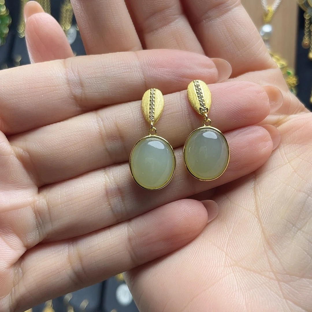 和田玉银S925镀金镶嵌耳饰