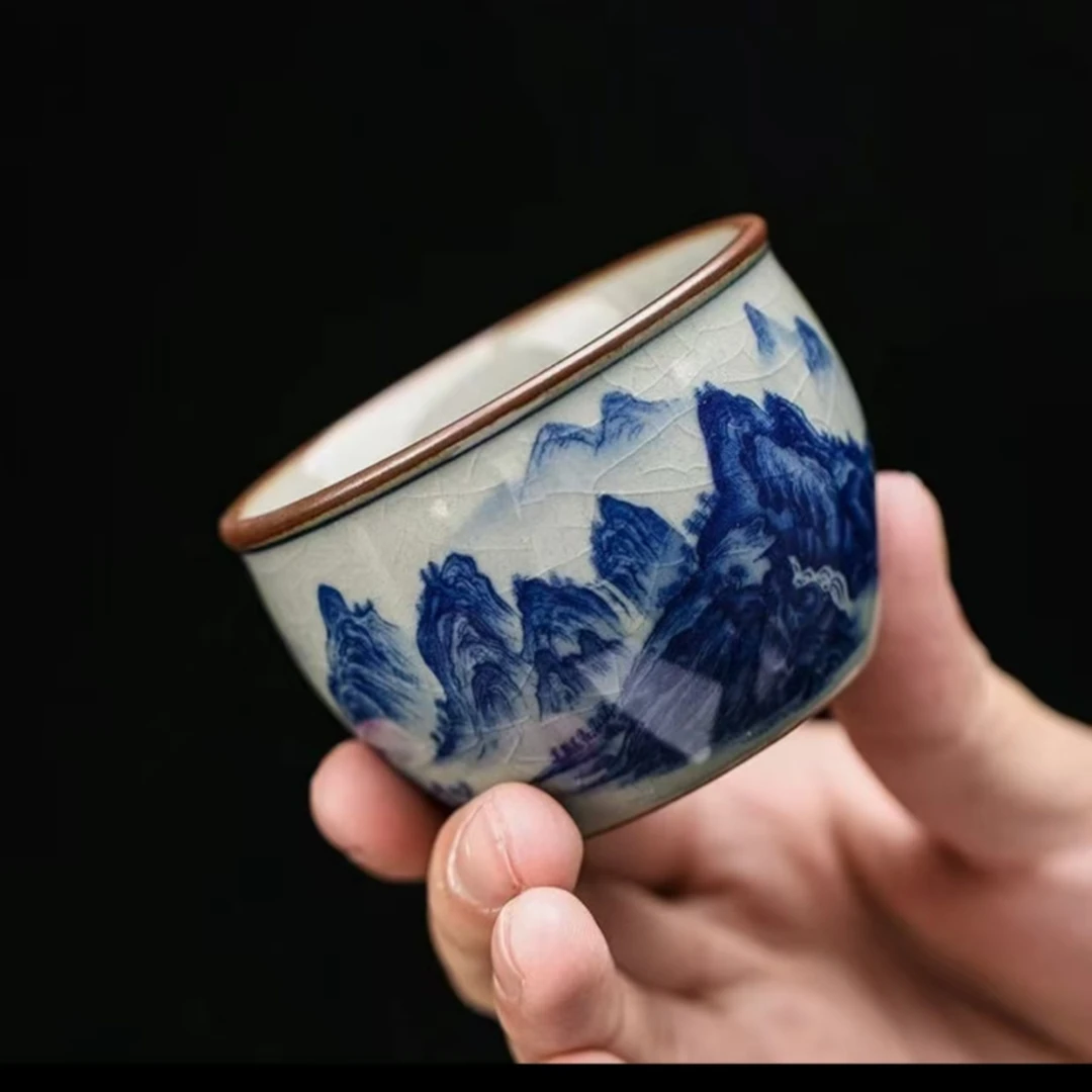 景德镇高温陶瓷茶具老陶泥千里江山主人杯缸杯釉下青花品茗杯茶杯