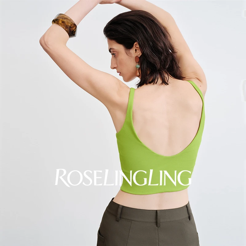 Roselingling经典R标 四季刚需大方领美背带胸垫吊带针织露背背心