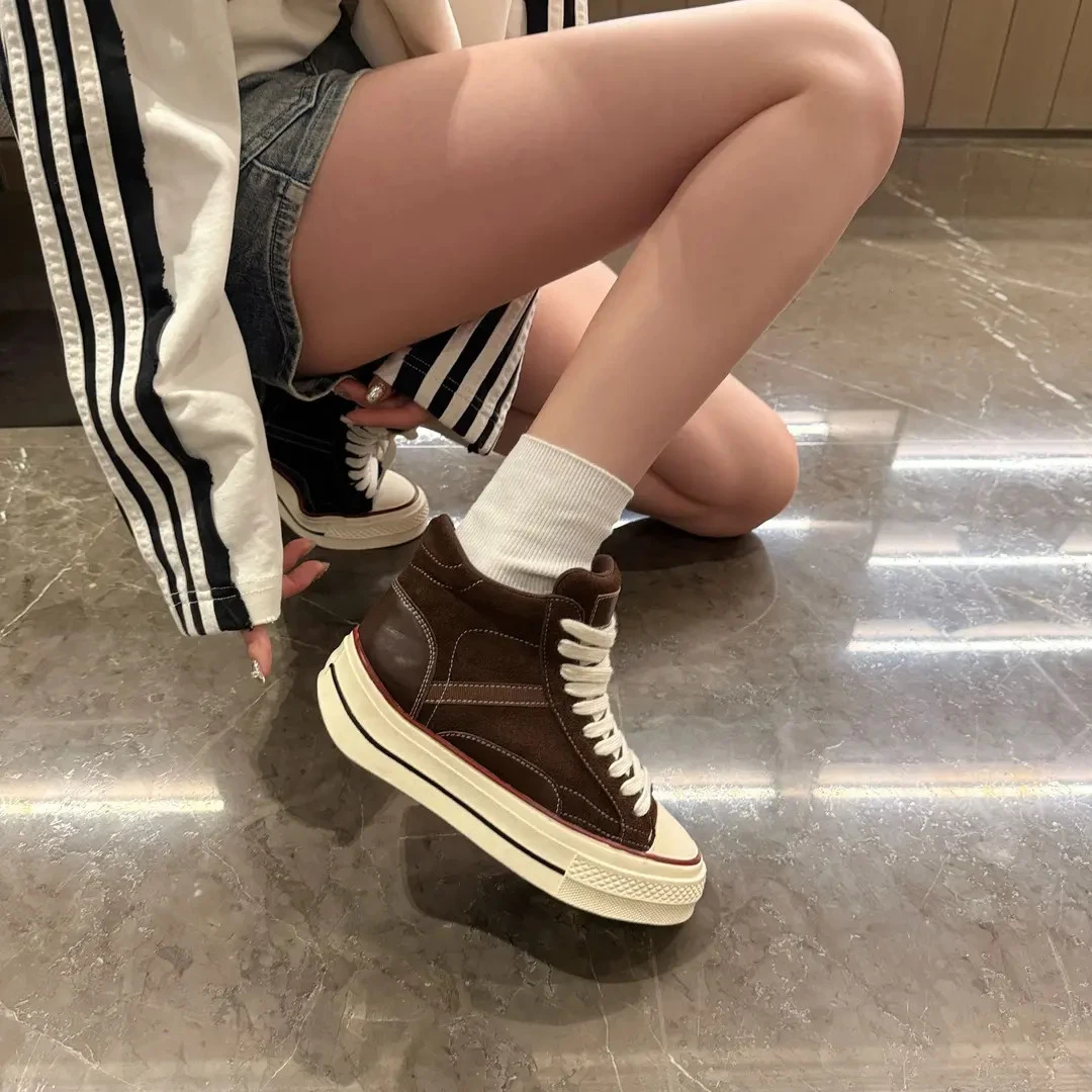 阮老板丨前系带女拼色高帮厚底5.5公分秋季帆布鞋ins板鞋秋冬复古