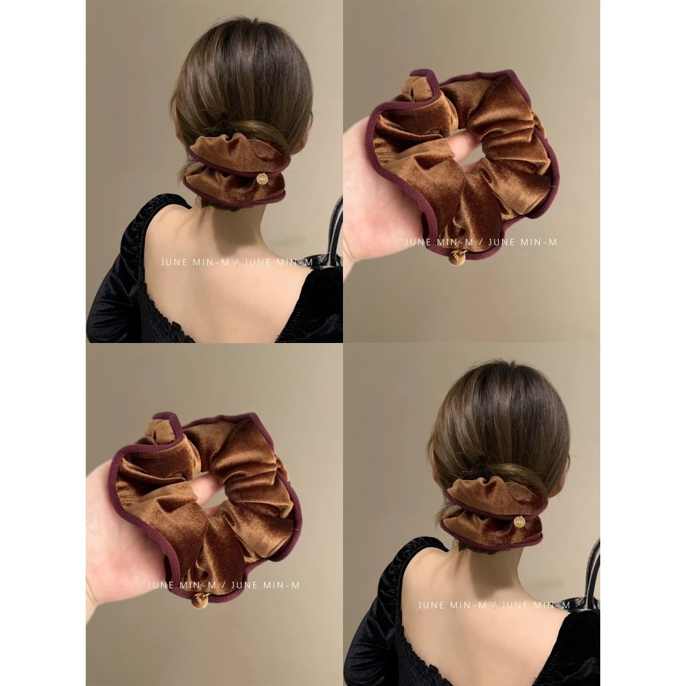 法式复古丝绒卷边大肠发圈气质大号头绳扎发马尾发绳金属挂标头花