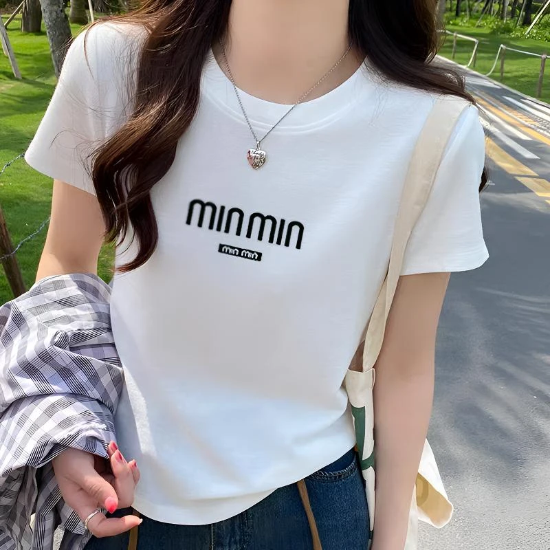 【minmin】夏季短袖T恤女圆领正肩百搭半袖修身显瘦印花t恤上衣