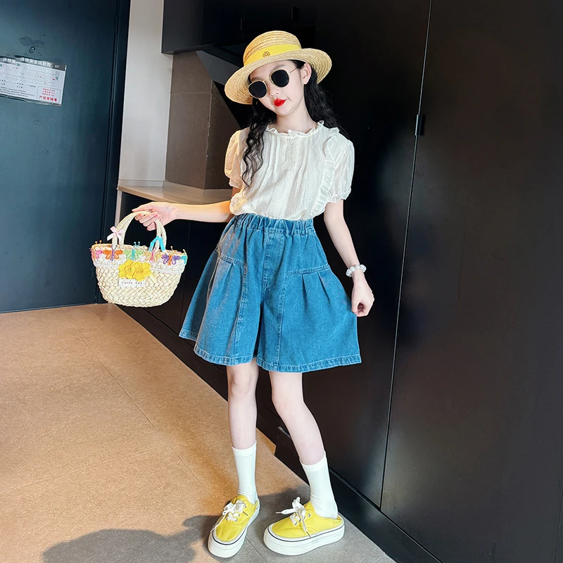 女童洋气套装夏季2025新款女孩夏装短袖衣服儿童夏季时尚牛仔短裤