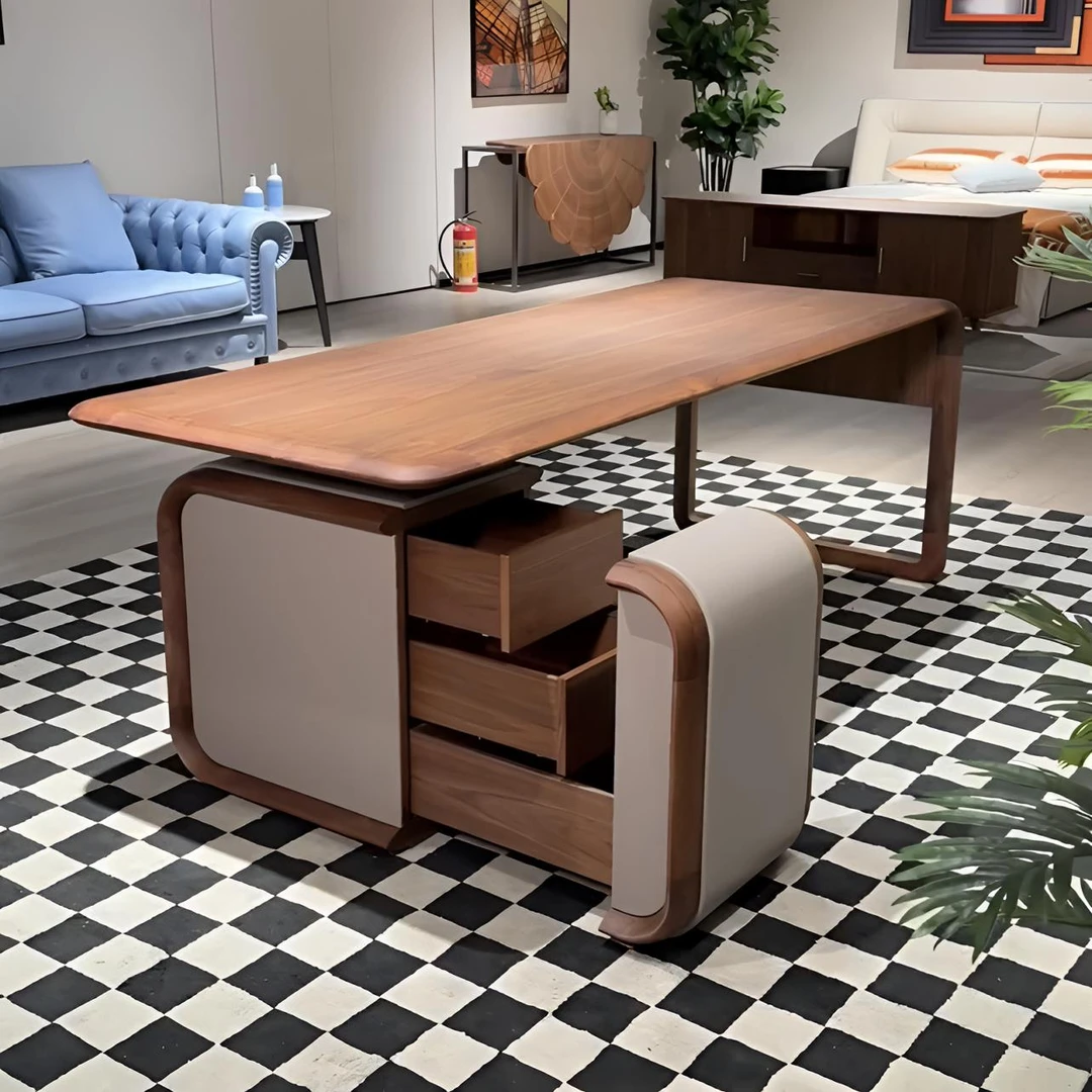 意式轻奢实木书桌写字桌电脑桌现代简约工作台书房高级感黑胡桃木