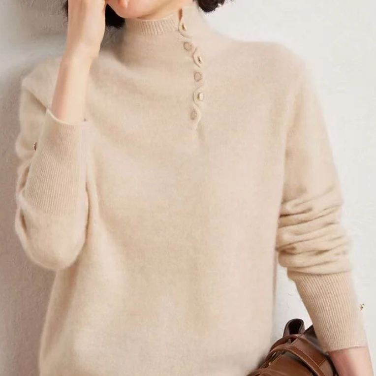 女士12针高领纽扣袖开叉羊绒衫
