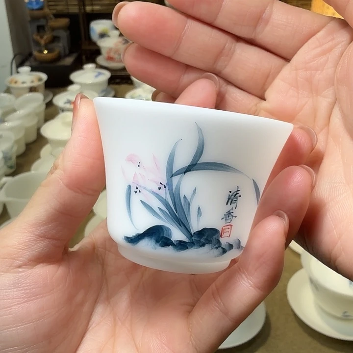素烧冰种薄胎手绘茶杯两个兰花