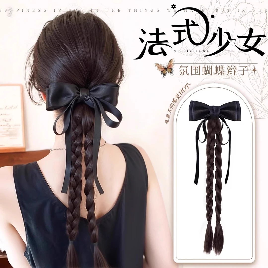 假发辫子女抓夹高马尾仿真发丝带双麻花长辫子发饰新中式马尾假发