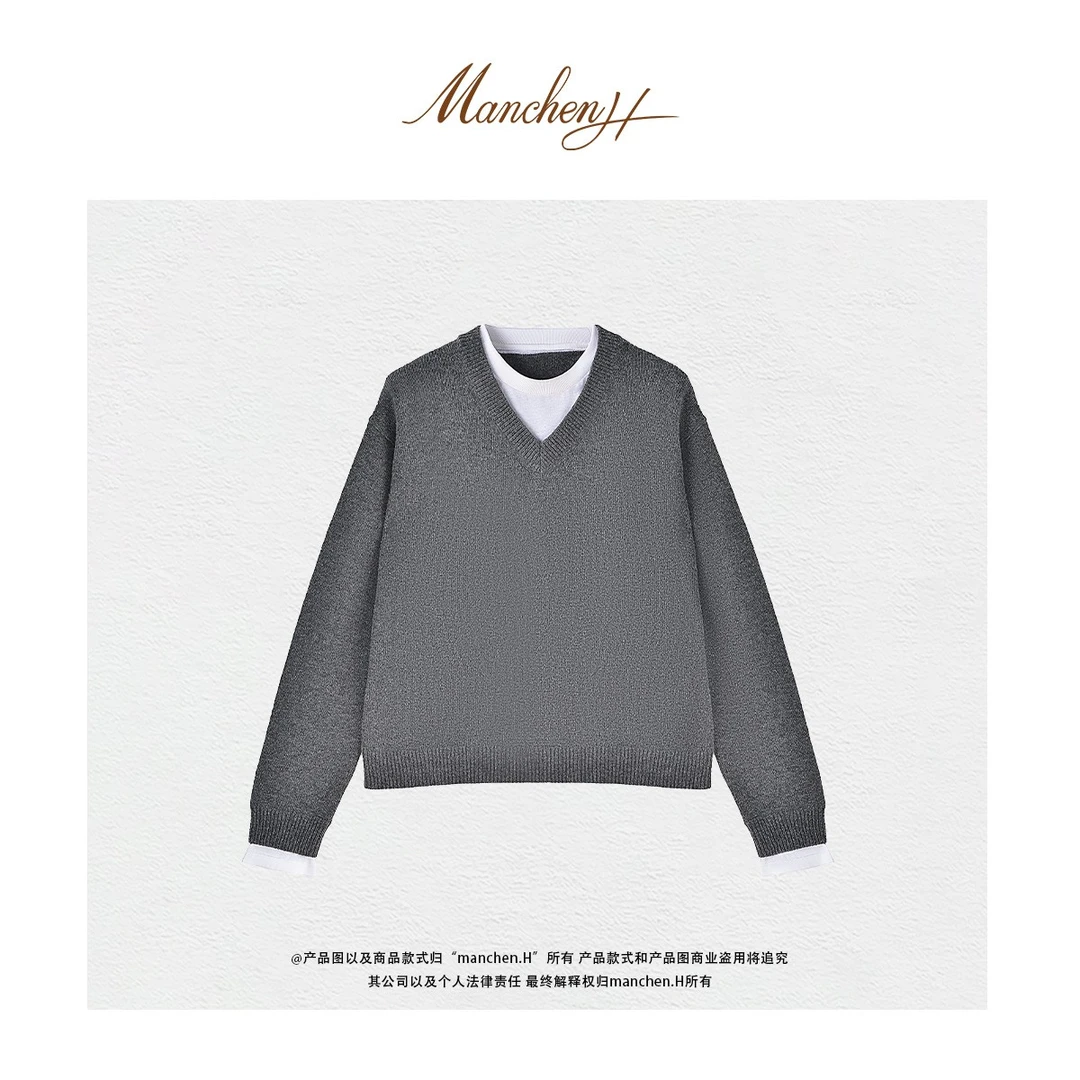 曼辰manchenh"灰溪地"订房混色纱针织拼接假两件灰色上衣