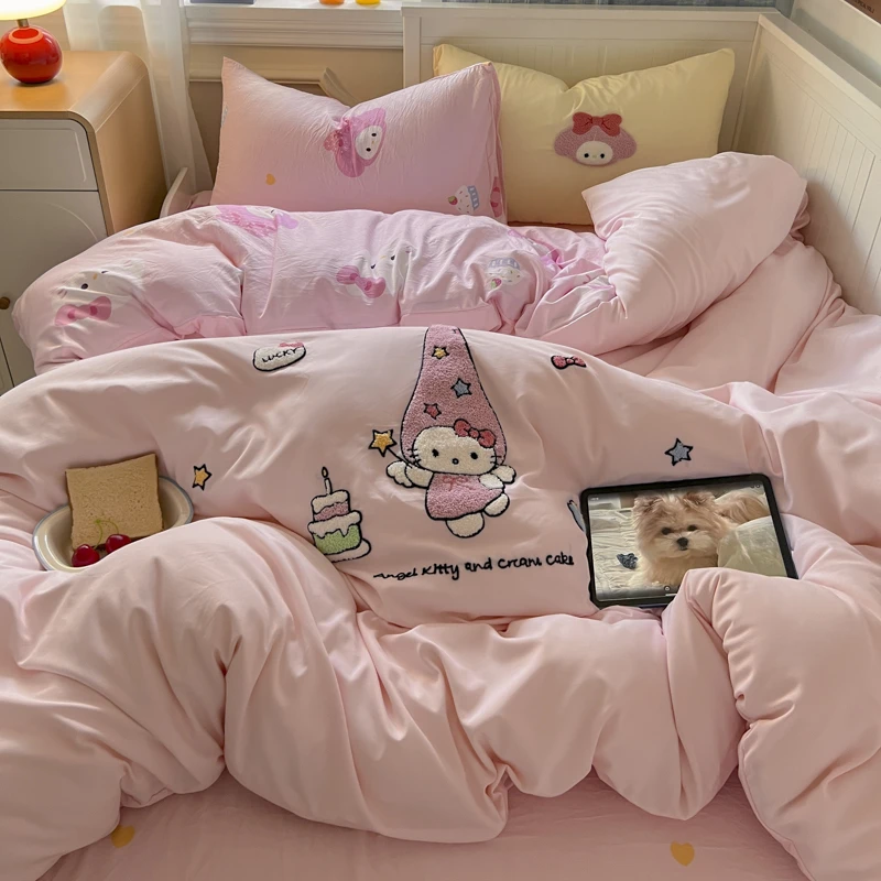 卡通蛋糕kt粉毛巾绣床单床罩四件套公寓床笠被套宿舍三件套非纯棉