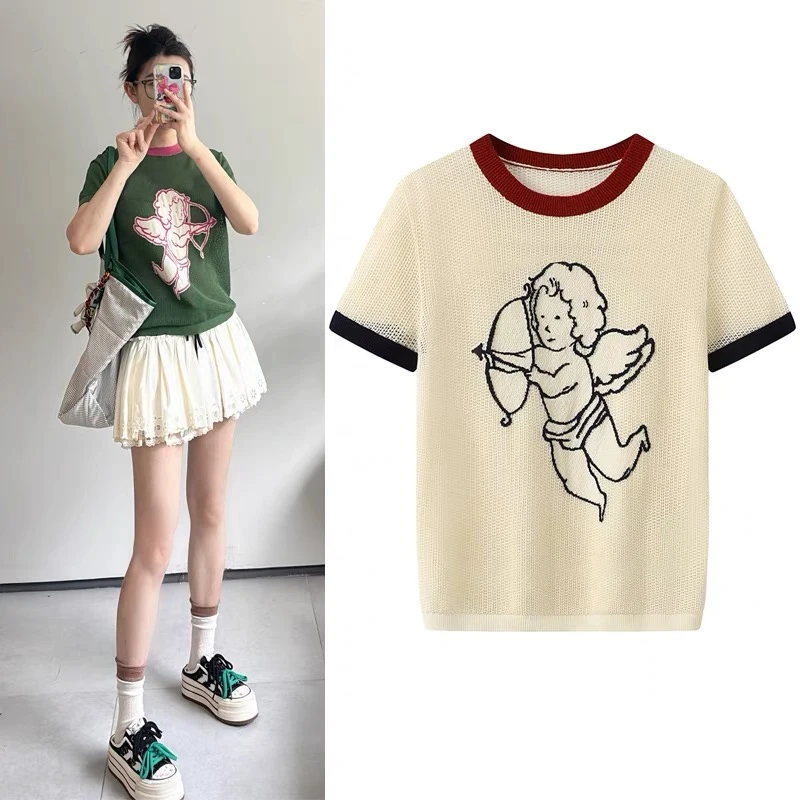 2066原单商场同款童趣卡通图案提花撞色圆领镂空针织短袖T恤
