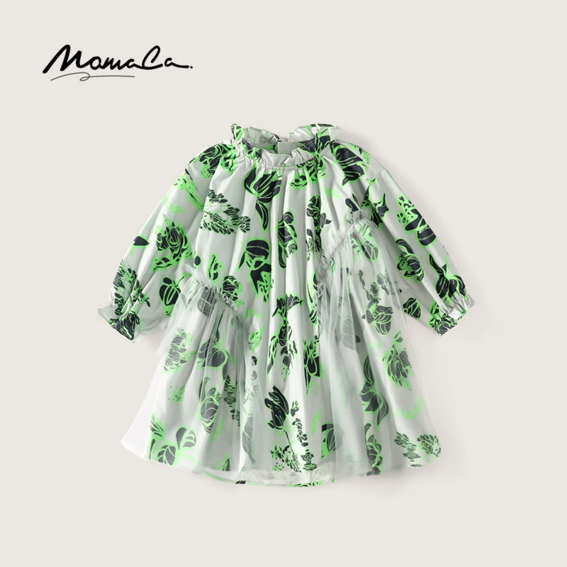 MOMOCO春季女童洋气花朵时尚碎花长袖带纱连衣裙75730471010