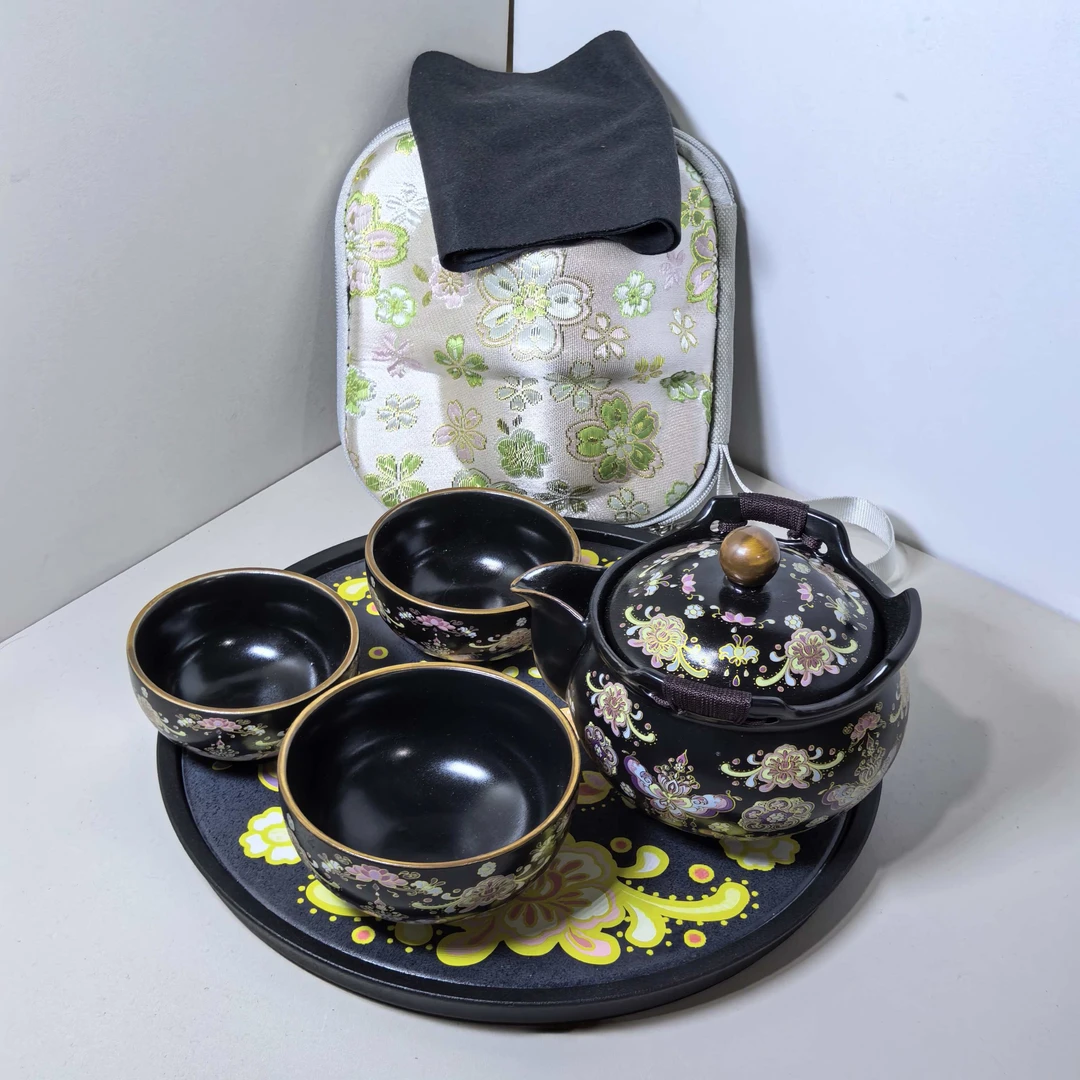 ZH4137-黑色乌金釉花蝶纹宝瓶便携式旅行功夫茶具套装