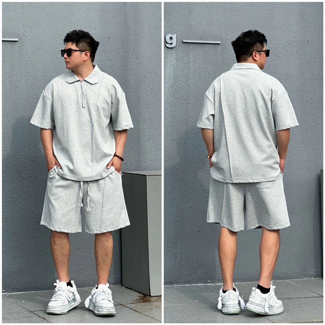 夏季新款立体压褶复古POLO衫短裤套装简约休闲宽松翻领短袖套装