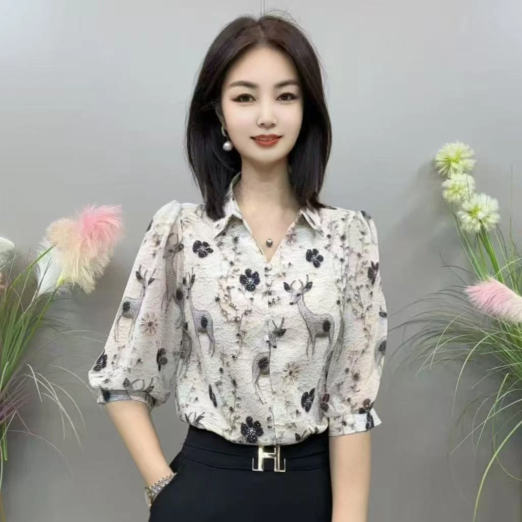2025夏季新款休闲百搭七分袖衬衫女洋气宽松显瘦上衣【8936】
