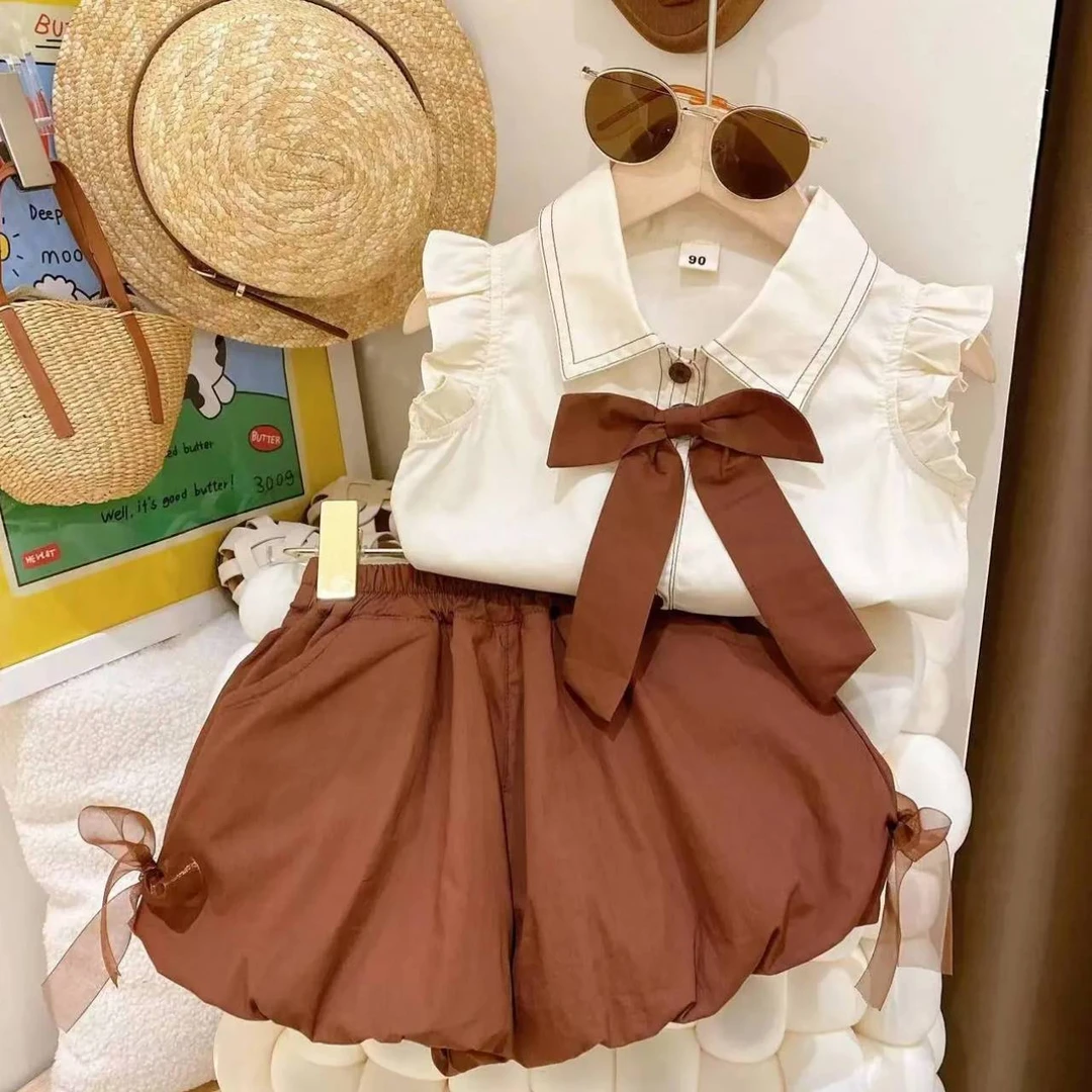女童飞袖衬衣花苞裤套装2025夏季新款小女孩蝴蝶结上衣短裤两件套