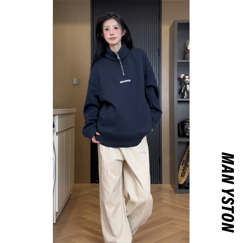 美式400g重磅休闲卫衣春秋宽松潮牌情侣立领半拉链套头衫外套百搭