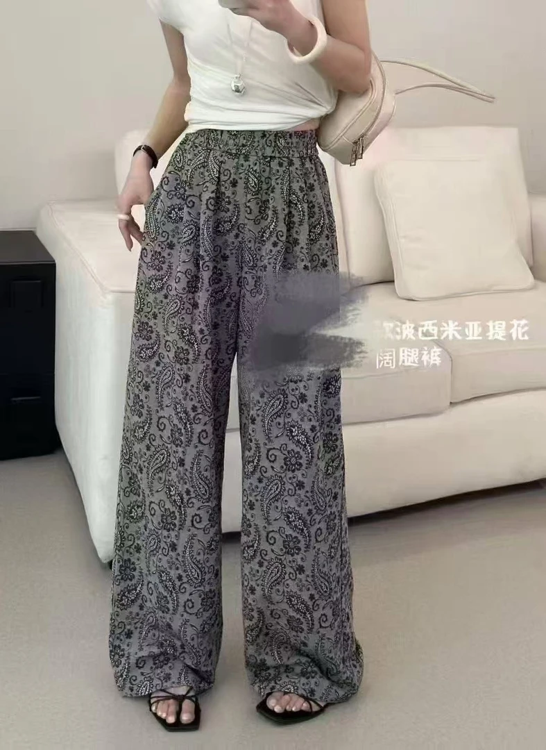 女人帮春夏阔腿裤印花休闲裤气质复古女士长裤抖抖裤女装