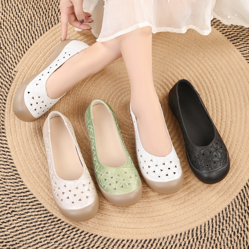 夏季平底头层牛皮女单鞋镂空洞洞透气舒适圆头中老年妈妈凉鞋女