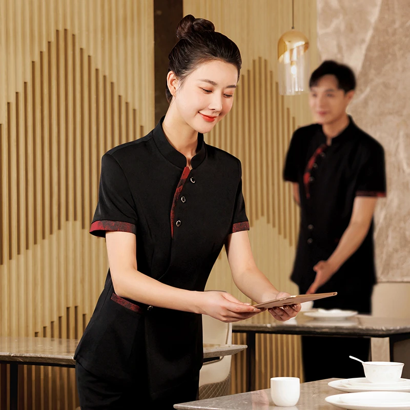 京橙餐饮服务员工作服短袖女中式餐厅高档酒店工装火锅店饭店服装