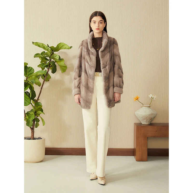 YINER音儿中长款水貂毛皮母貂立领真皮皮草8C65109086