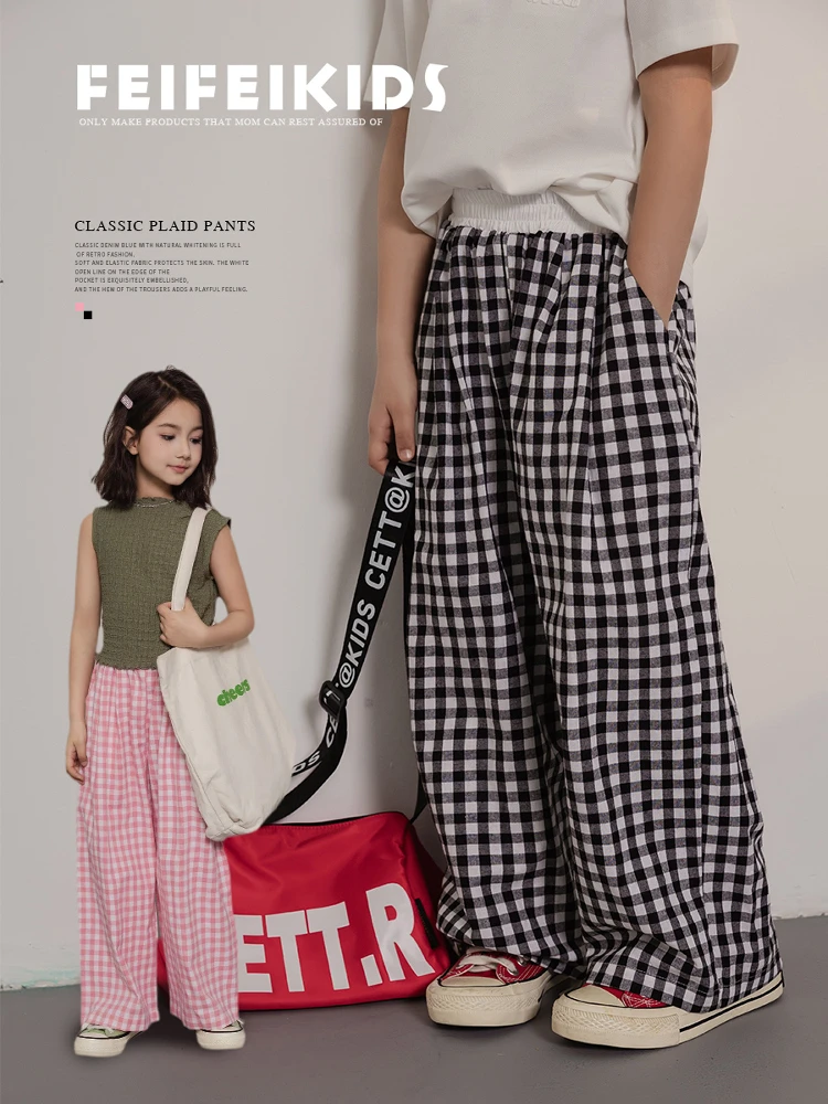 女童裤子2025夏季新款格子裤韩版休闲薄款长裤宽松休闲裤C52G7020