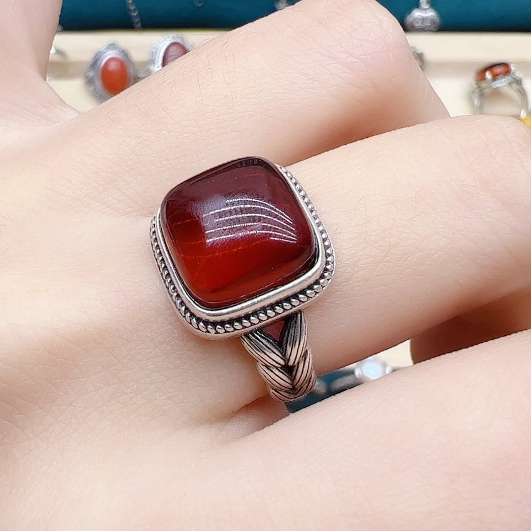 血珀戒指银S925镶嵌天然