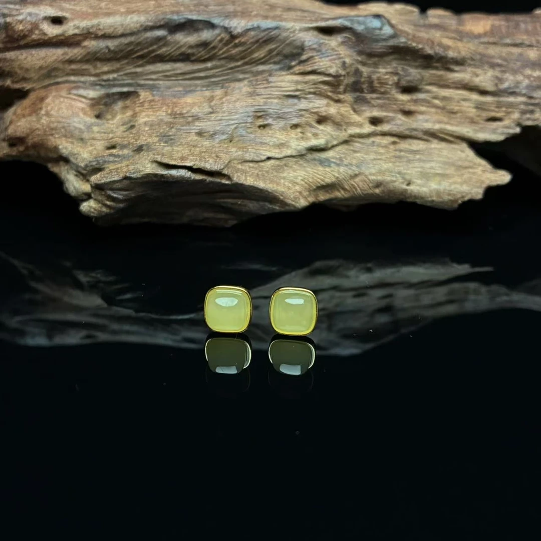 和田玉方形耳钉【小北质检】ZJH919Z117多样性发一