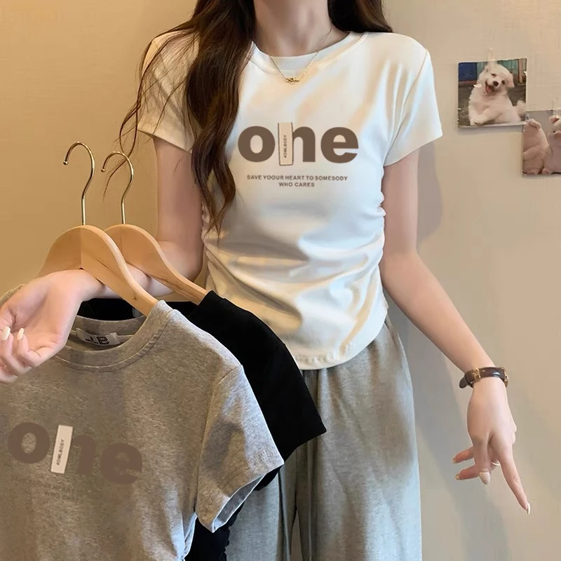 不规则褶皱圆领短袖t恤女夏季设计感修身短款小个子正肩体恤上衣