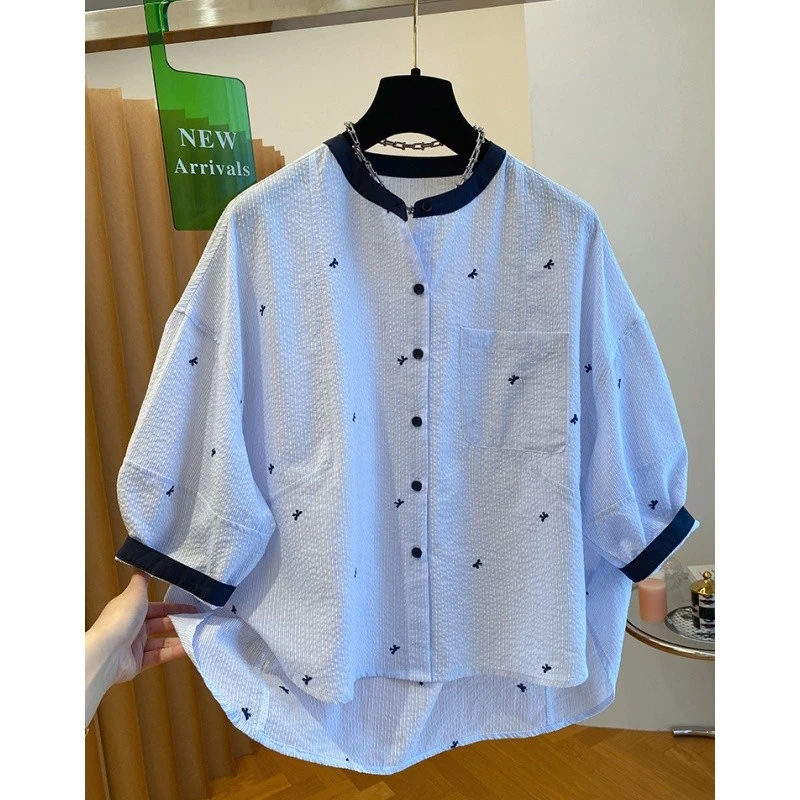 6963欧货高级肌理感蓝色衬衫女短袖新款宽松休闲圆领五分袖上衣夏