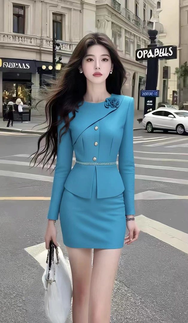 时尚气质名媛穿搭蓝色圆领长袖收腰修身上衣+蓝色包臀半身裙套装