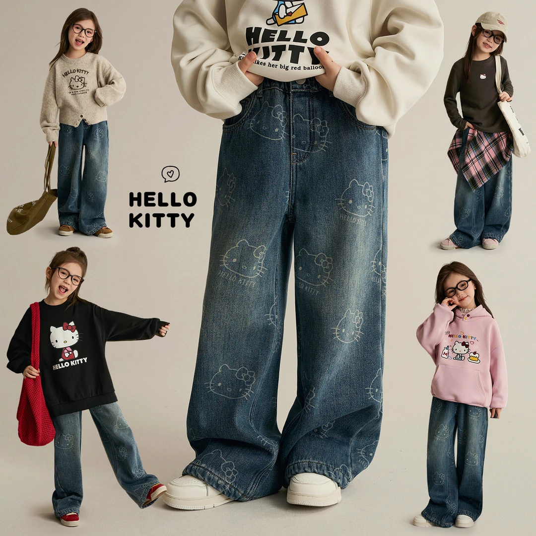 辰辰妈【激光猫】女童牛仔裤Kitty猫加绒满印亲子装阔腿裤8837DH